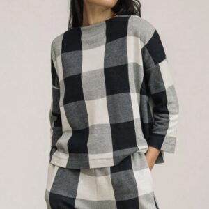 Organic Cotton Knitted Check Top in Black and Ecru