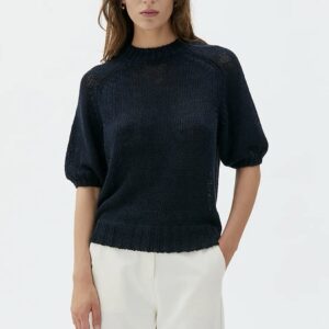 Lightweight Short-Sleeve Jumper | Silk Linen Knit | Deep Night Blue