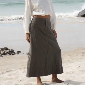 Lightweight linen A-line midi skirt in khaki - sustainable Lilly Pilly fashion