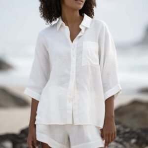 European flax linen shirt detail showing natural corozo buttons