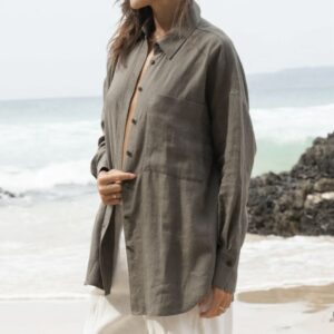 Oversized button-down linen shirt in khaki - sustainable European flax