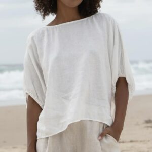 Relaxed fit natural linen top with balloon sleeves - sustainable fashion