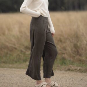 Cropped linen trousers in khaki - sustainable European flax wide leg